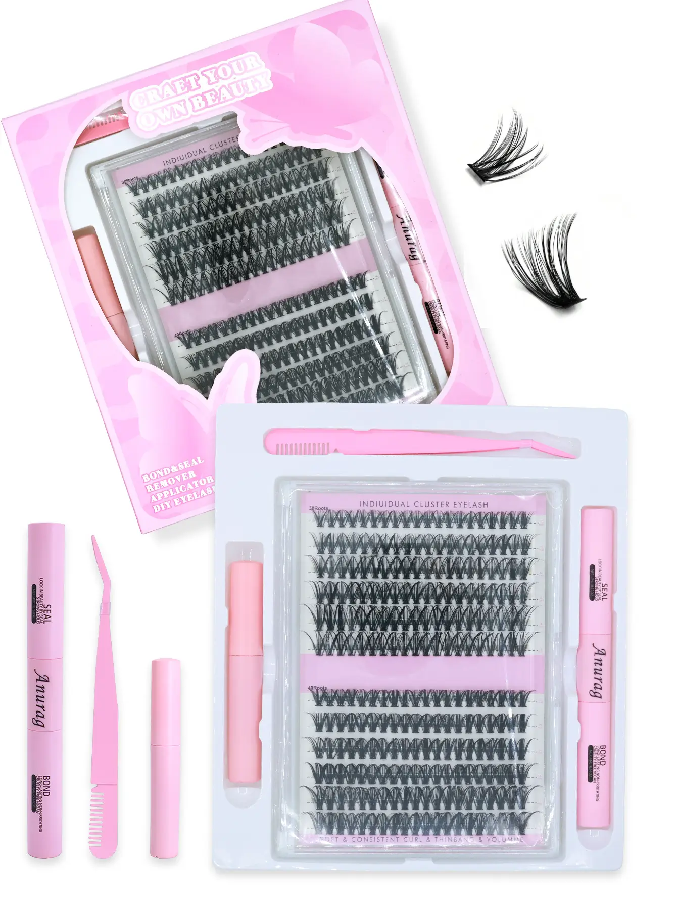 Close-up of the Individual Cluster Eyelash Kit with lightweight, perfectly curled lashes and a Bond & Seal tool